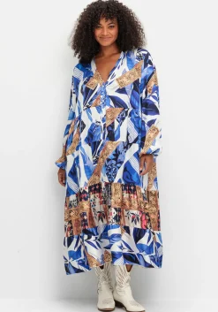 Stufiges Maxikleid mit Ballonärmeln und V-Ausschnitt