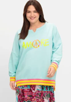 Sweatshirt mit Statementprint und Ringelbündchen