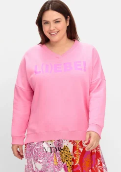 Sweatshirt mit Wordingprint und V-Ausschnitt