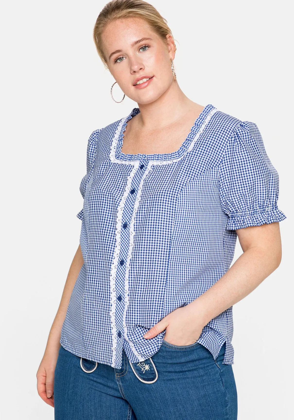 Trachtenbluse im Karo-Design, mit Spitzenbesatz