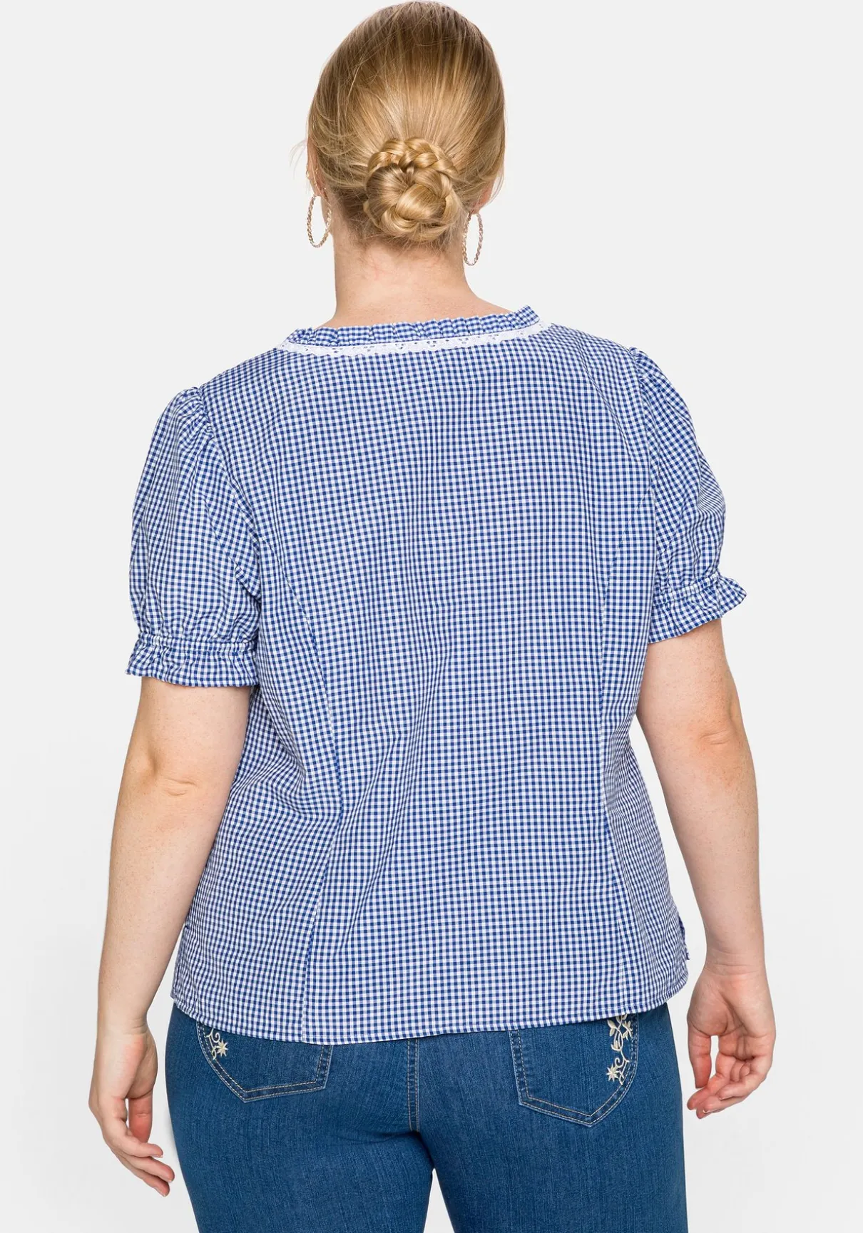 Trachtenbluse im Karo-Design, mit Spitzenbesatz