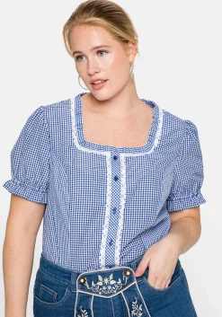Trachtenbluse im Karo-Design, mit Spitzenbesatz