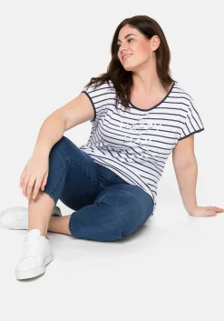 T-Shirt mit Ringeln und Statement-Foliendruck