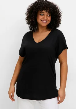 T-Shirt mit V-Ausschnitt, aus Flammgarn