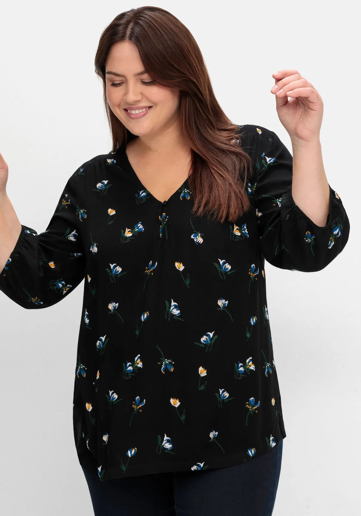 Tunika in A-Linie mit Blumenprint und Smokdetails