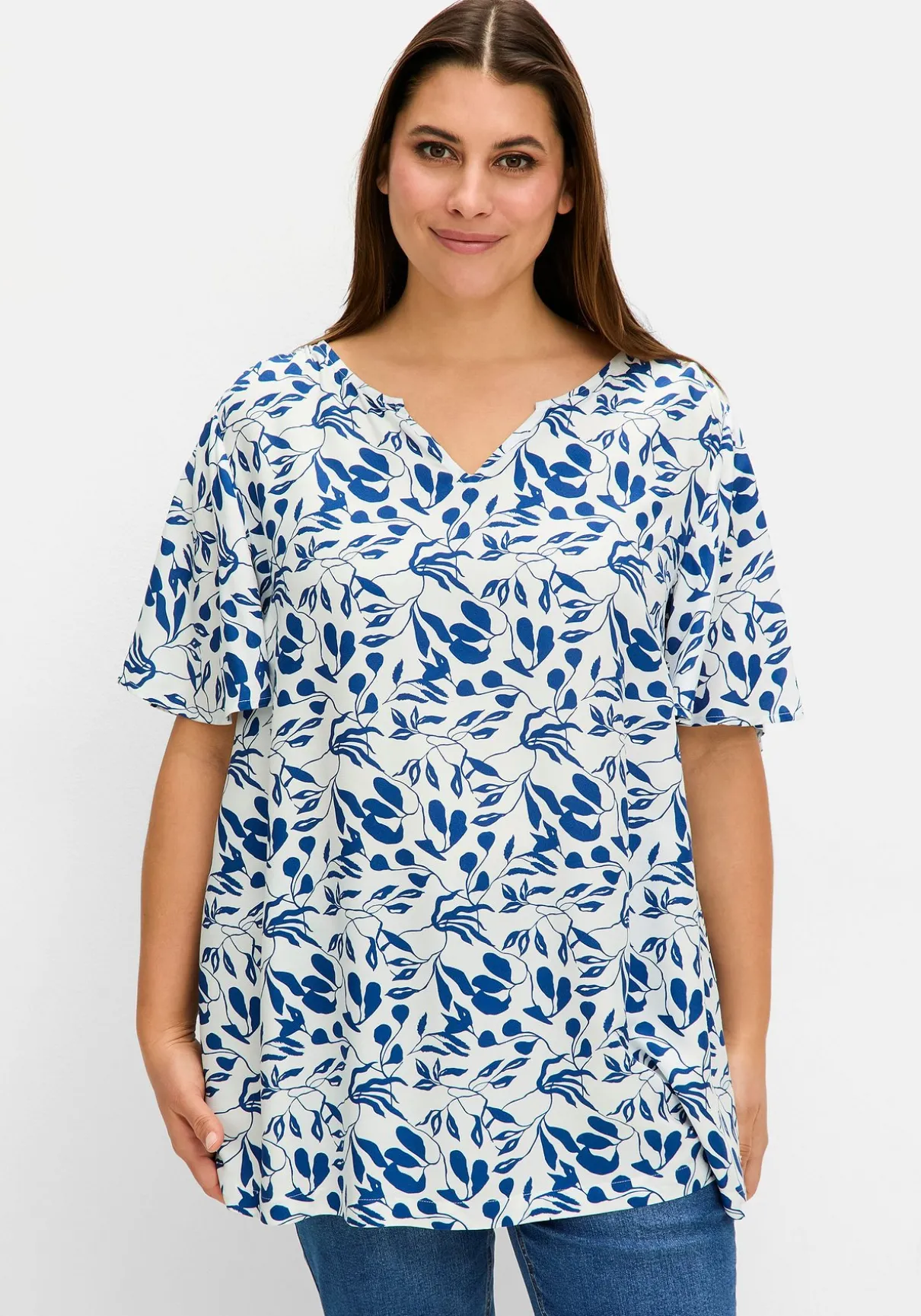 Tunika in A-Linie, mit Flügelärmeln und Blätterprint