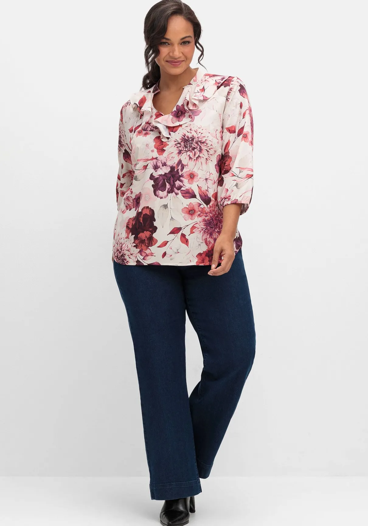 Tunika mit Volant am Ausschnitt und Blütenprint