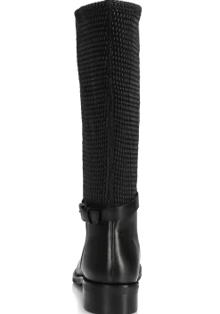 Weitschaftstiefel mit Zierschnalle, im Materialmix